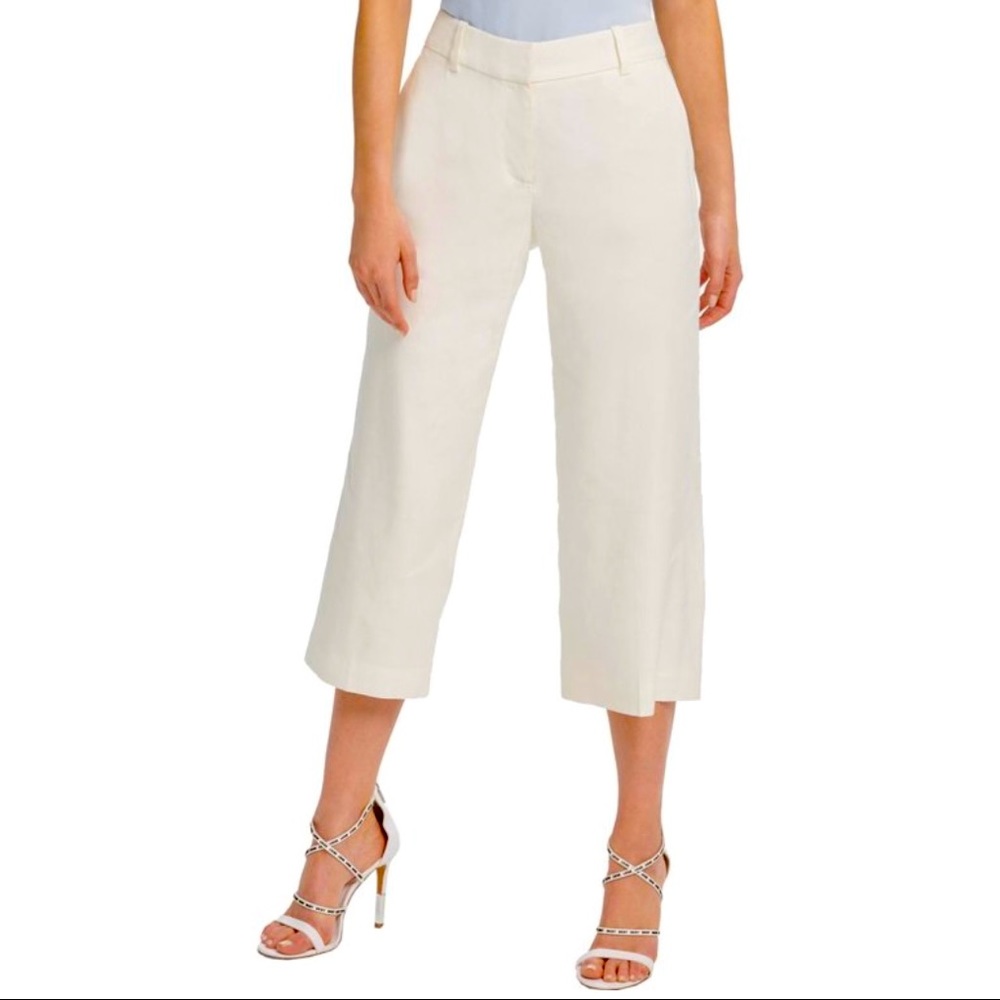 DKNY LINEN BLEND WIDE LEG CROPPED PANTS IVORY
